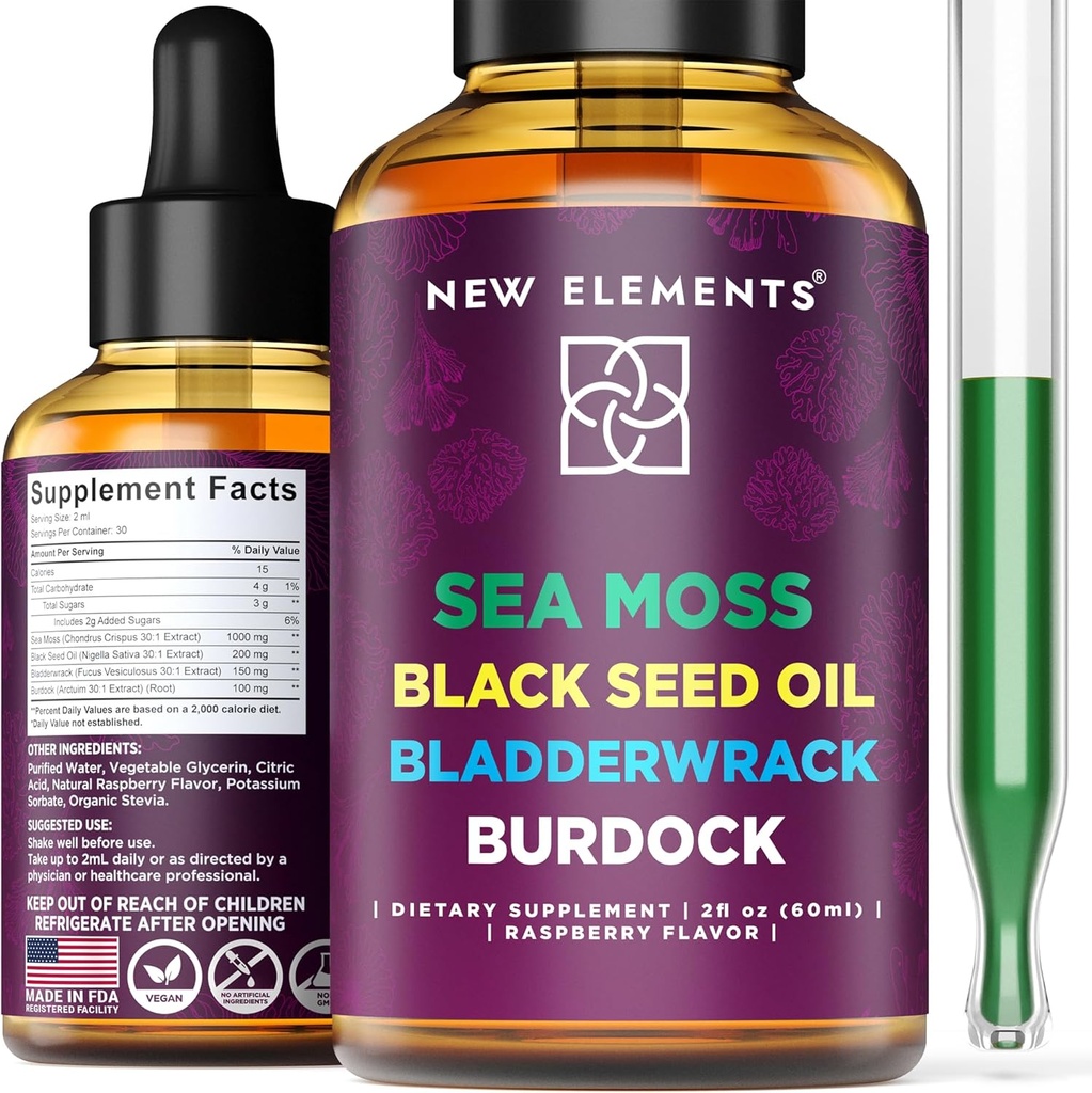 ים אורגני Mossss נוזל לחלץ עם שמן Black Seed, Bladderwrack & Burdock Root | 1000 מ"ג אירי הים Mos Drops | 4 ב 1 מתקדם פורמולה 4X חזק יותר | Raspberry Flavor | Non-GMO