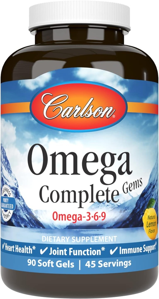 Carlson - Omega Complete Gems, Omega 3-6-9, Wild Caught, Sustainly Sourced, Heart Health, Joint Function & Immune Support, 90 Softgels