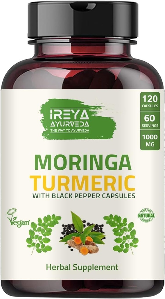 Organic Moringa Oleifera Powder & Turmeric Root Powder with Blackpepper 120 Capsules Current 124; Made with Organic Moringa, Turmeric and Black Pepper Current 124; Vegan, Gluten- Free and Non- GMO.