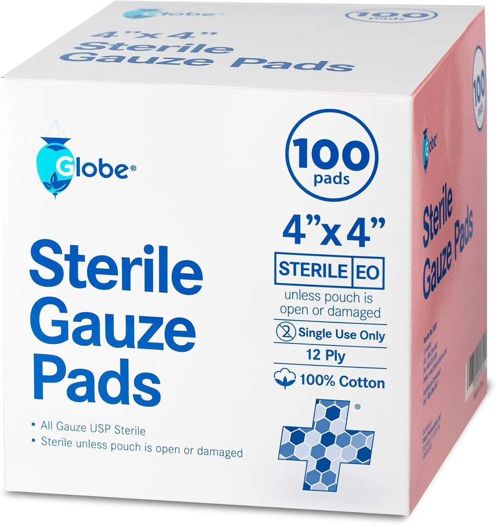 Globe 4 "x 4" Advanced Sterile Gauze Pads for Wound Dressing 124; 100- Pack, Individually Packed Cotton & High Absorbent 124; Advanced Gauze Sponge- Pads for Wound Care & Home First Aid Kits (4 x 4)