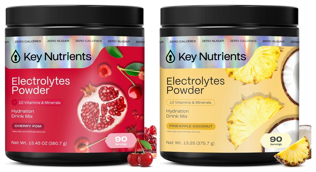 KEY NUTRIENTS Electrolytes Powder Bundle, Sweet Cherry Pom 90 Servings Jar + Tropical Pineapple Coconut 90 Servings Jar, Sugar Free Hydration Drink Mix with Vitamins & Minerals, No Calories