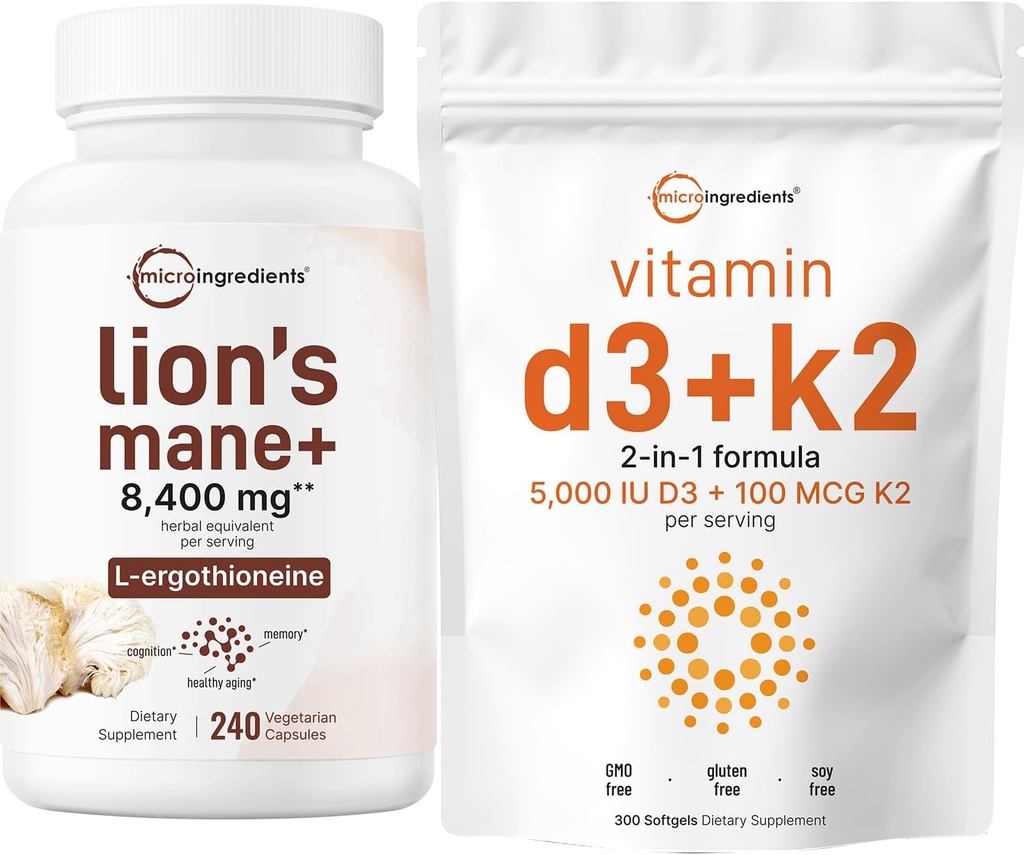 Micro Ingrediencie Vitamín D3 5,000iu + K2 100mcg Softgels & Lions Mane Supplement 240 Veggie Kapsule Bundle 2 Pack 