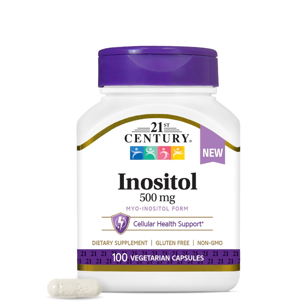 21st Century Inositol 500mg, Myo-Inositol, Vegan, 100 Vegetarian Capsules | 500 mg Inositol as Myo-Inositol, 1 veg capsule daily. Cellular health, brain & nerve support. Vegan, non-GMO, gluten free