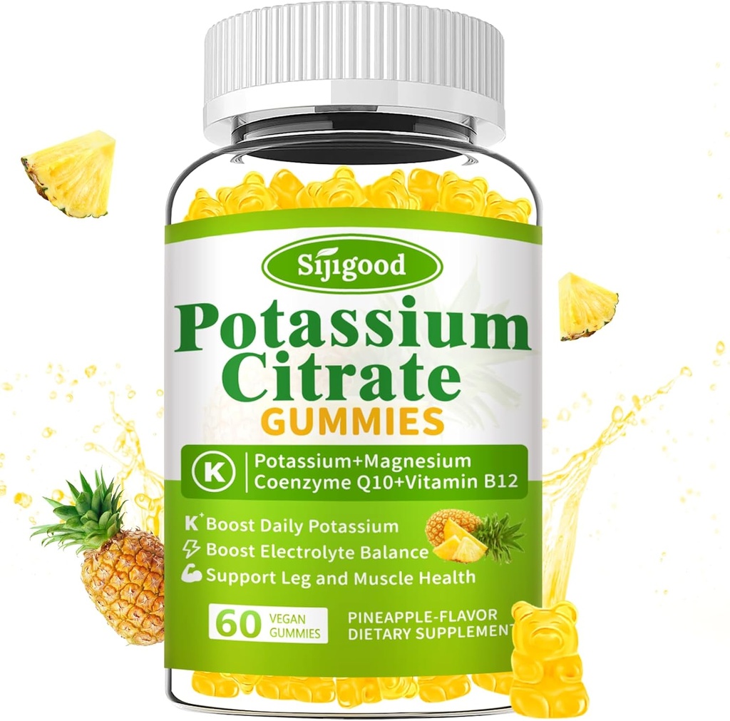 Citrato de potasio Gummies - Suplemento de potasio alto para a saúde muscular, alivio de cangrexos de perna, equilibrio de electrólitos - Vegan, non-GMO, Gluten-Free, Pineapple Flavor, 60 Conde
