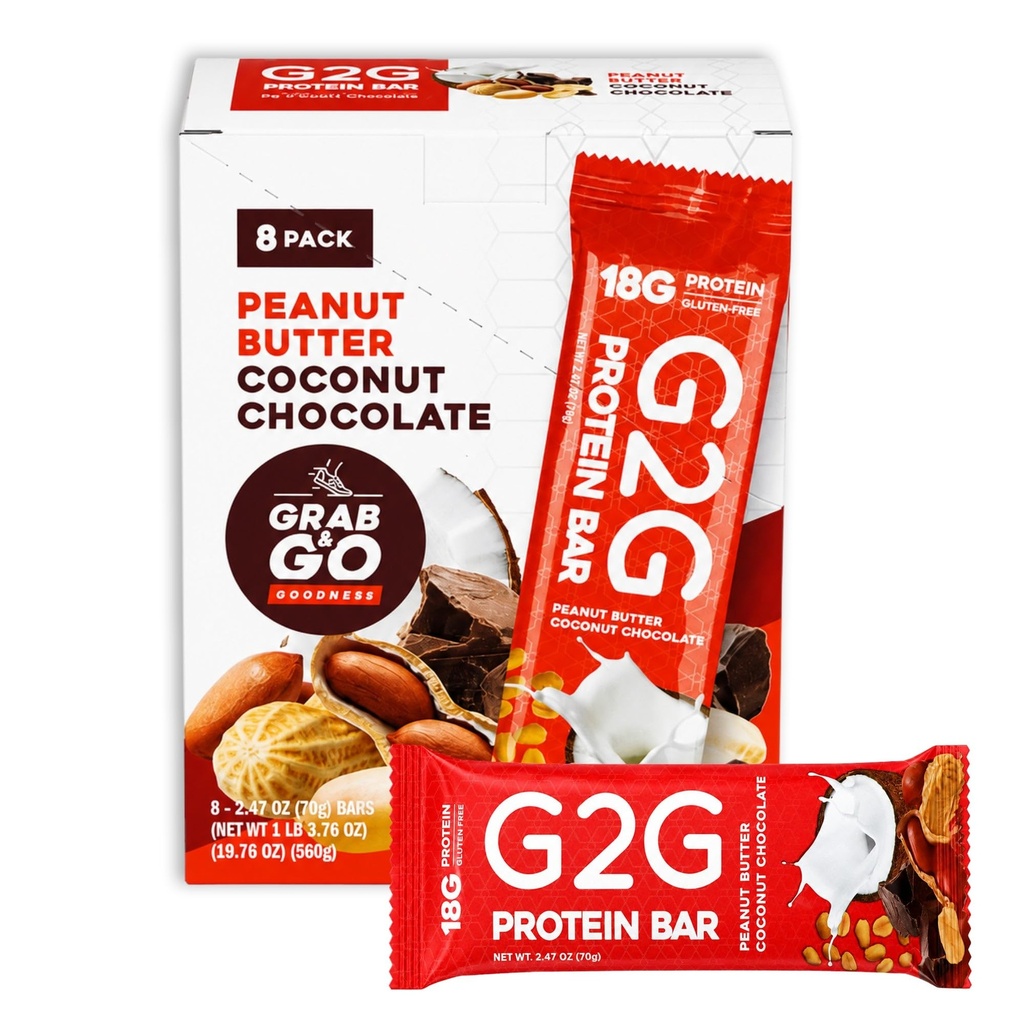 G2G Protein Bar, Peanut Butter Coconut Chocolate, Real Food, Refrigerated for Freshness, Healthy Snack, Delicious Meal Replacement, Gluten-Free — 8 Count (1 Box)