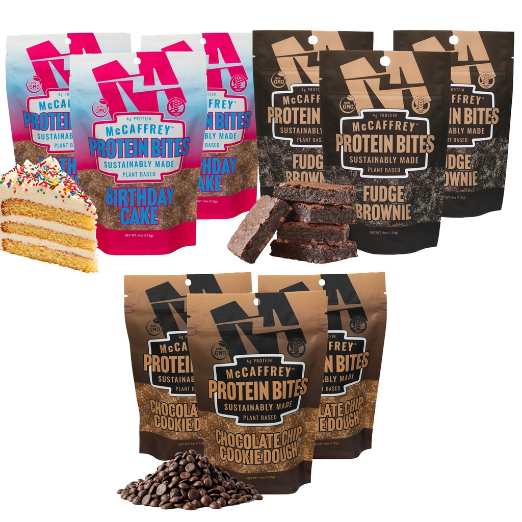 McCaffrey Protein Bites – Variety Flavor Pack – Fudge Brownie, Chocolate Chip, Birthday Cake - 9 Multi-Serving 4oz Bags – 4g of Protein per Serving – Gluten-Free, Vegan, High Fiber Energy Snack