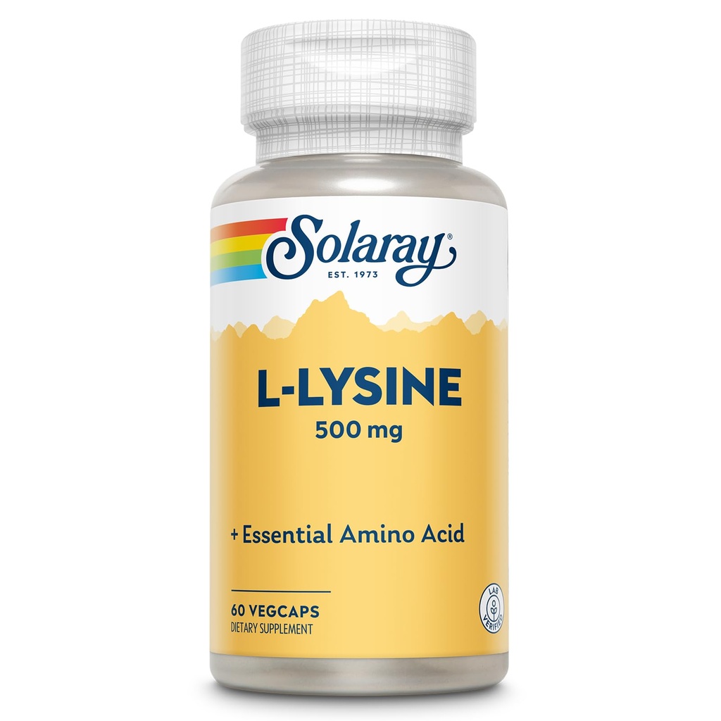 SOLARAY L Lysine 500 mg Capsules - Free-Form Essential Amino Acids Supplement - Powerful Wellness Support with L-Lysine Amino Acid - Lab Verified, 60-Day Guarantee, 60 Servings, 60 VegCaps