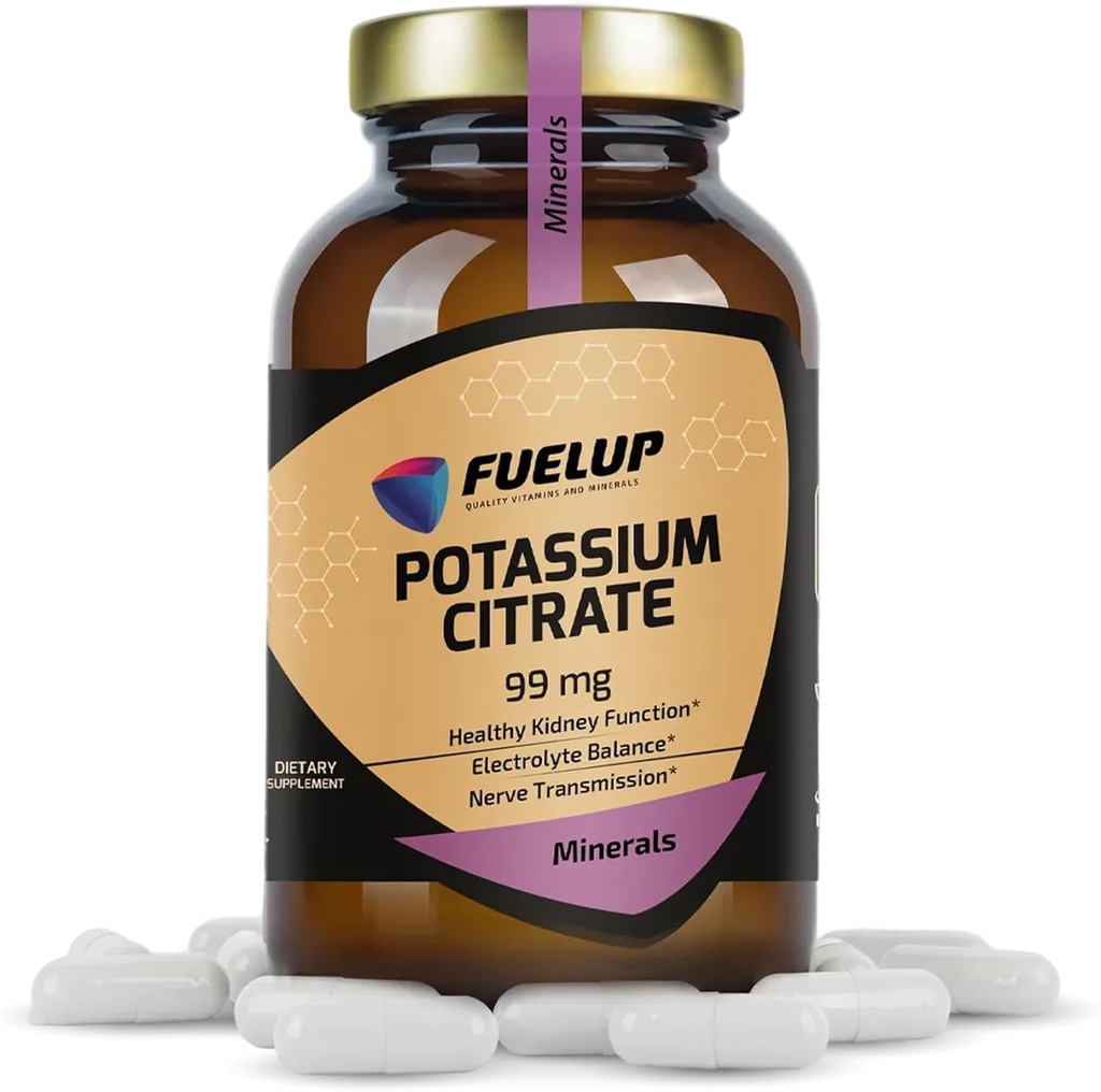 Potassium Citrate 99 mg – 120 Veg Capsules – Mineral Supplement for Electrolyte Balance, Kidney Function, and Nerve Transmission, Essential Minera, Muscle & Nerve Function – Non-GMO