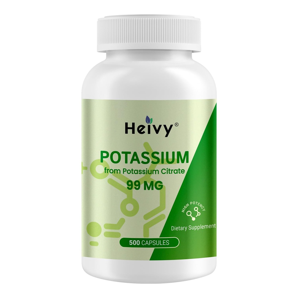 Heivy Potassium Citrate 99mg – 500 Capsules | Potassium Supplement for Electrolyte Support | Vegan, Gluten-Free| Lab Tested | Made in USA
