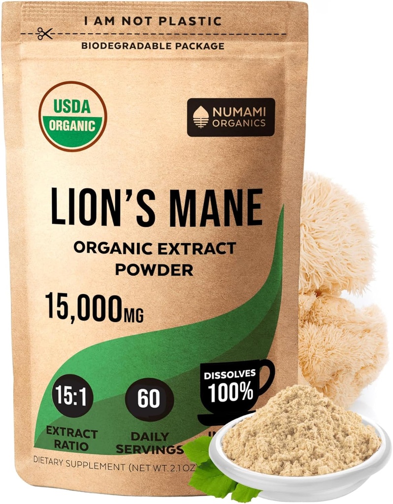 Numami Organic Lions Mane Mushroom Extract Powder   Double Extraction for High Potency | Easily Dissolves in Daily Tea coffee or Smoothie to Enhance Cognitive Function
