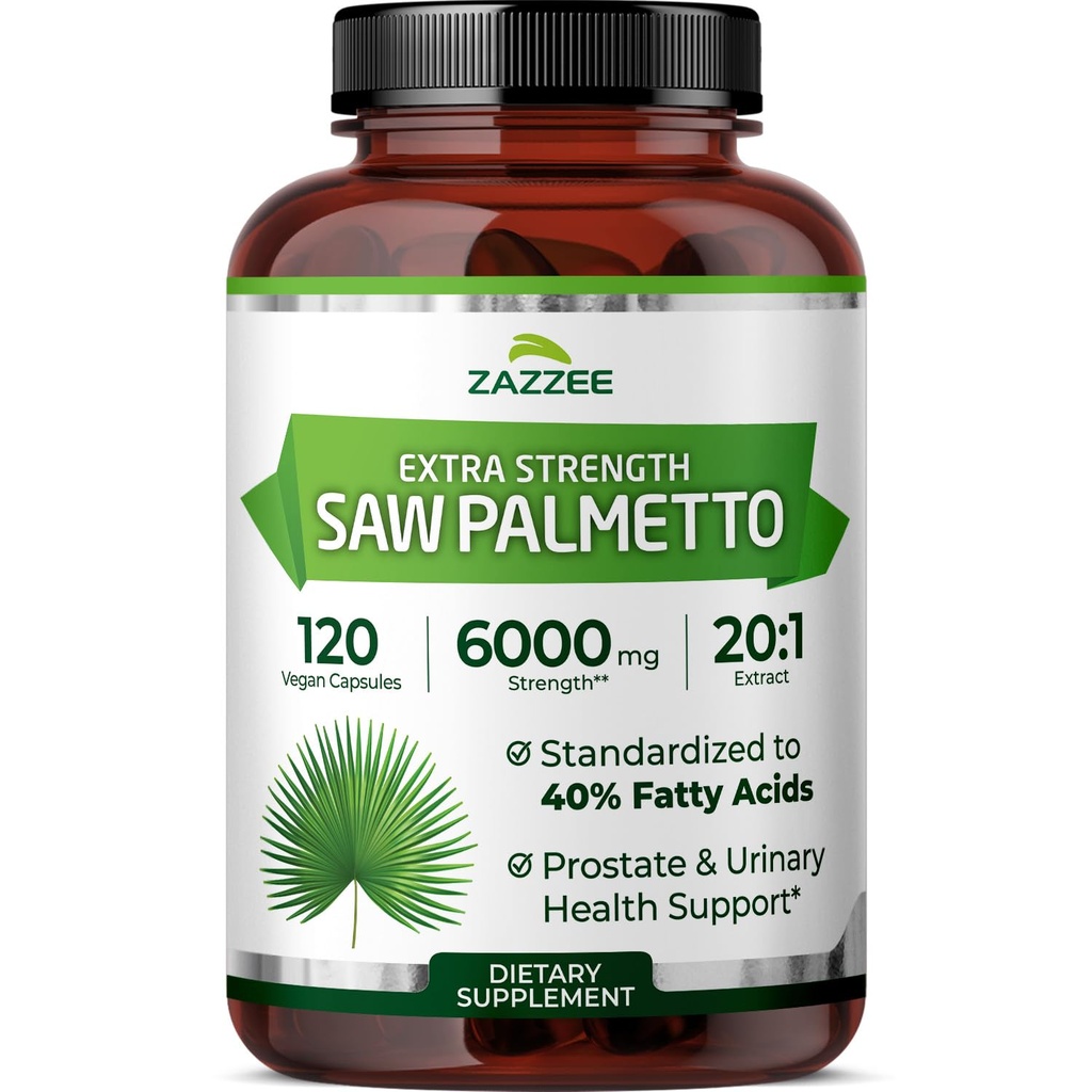 Zazzee Extra Strength Saw Palmetto 20:1 Extract, 40% Fatty Acids, 120 Vegan Capsules, 4 Month Supply, Serenoa Repens, Daily Wellness & Men’s Health Support, Herbal Supplement, Non-GMO, Made in the USA