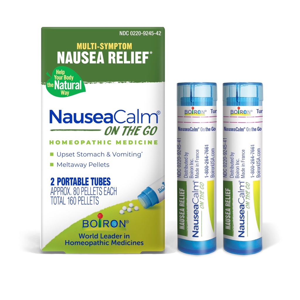 Boiron NauseaCalm On The Go Relief for Upset Stomach, Nausea, and Vomiting Due to Stomach Flu, Overindulgence, or Motion Sickness - Non-Drowsy - 2 Count (160 Pellets)