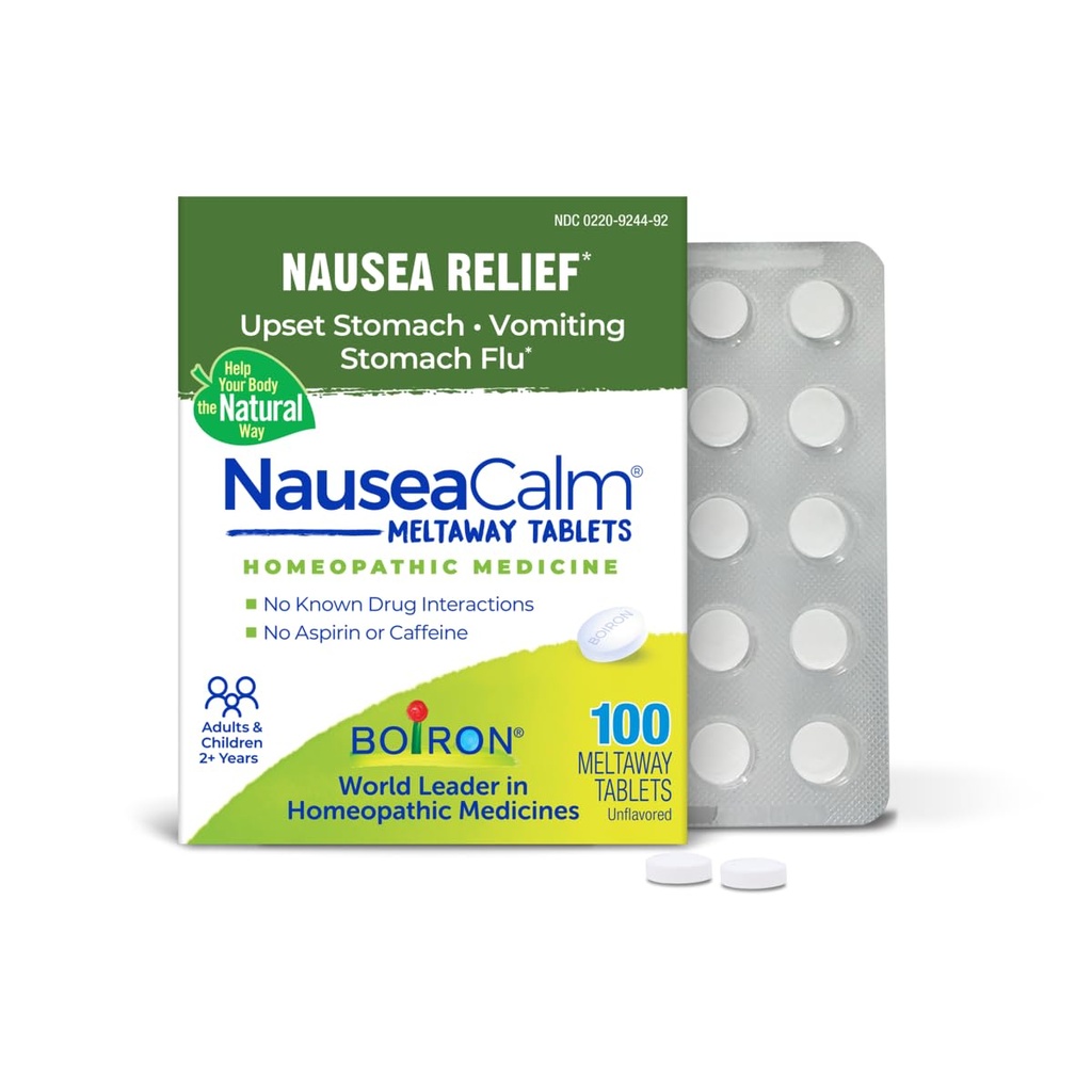 Boiron NauseaCalm Tabs - 100 Count - Relief for Upset Stomach, Nausea, and Vomiting Due to Stomach Flu, Overindulgence, or Motion Sickness - Non-Drowsy Nausea Calm Meltaway Tablets