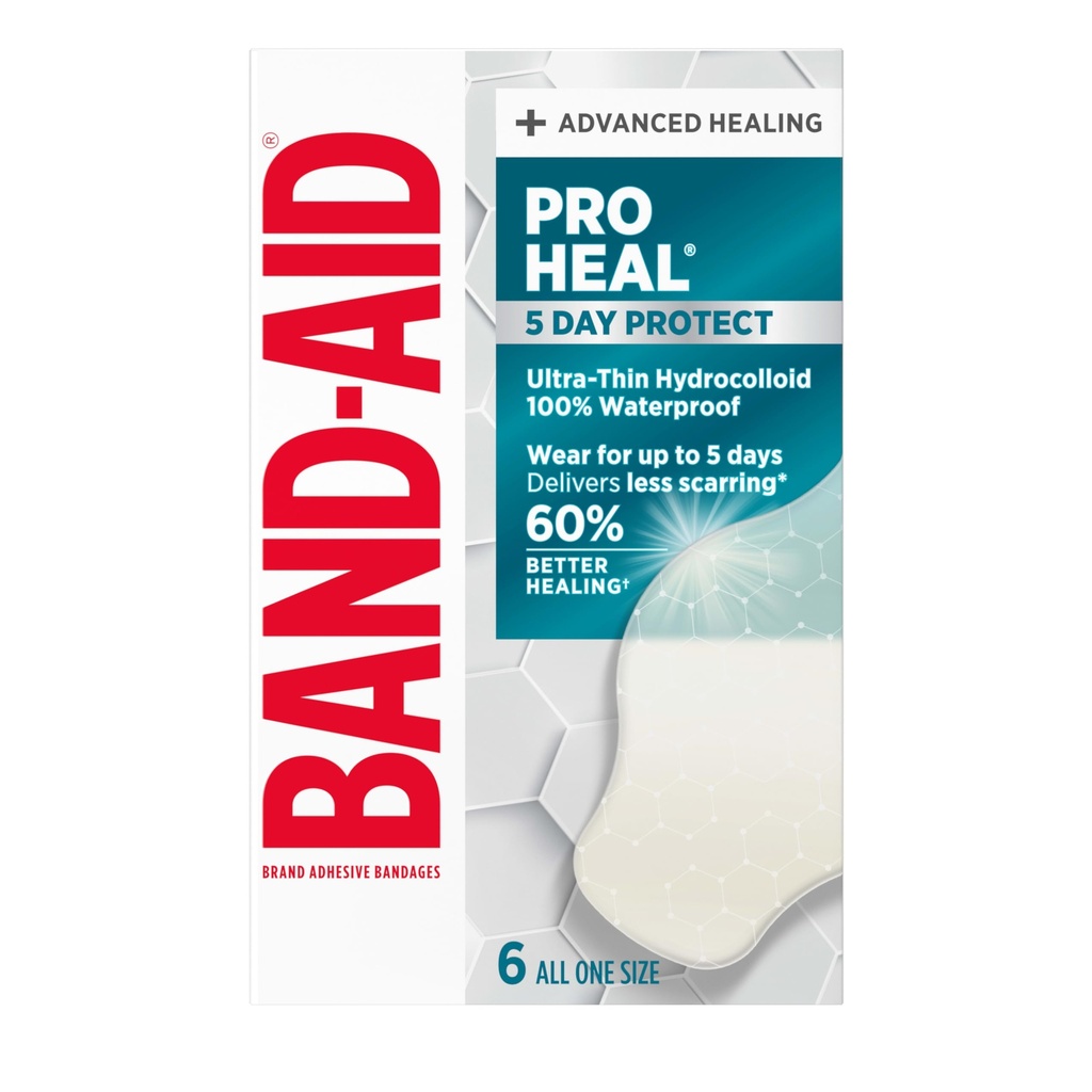 BAND-AID Brand Pro Heal 5 Day Protect Hydrocolloid Bandages, Large, 6 Ct | Advanced Healing for Wound Care, 100% Waterproof Ultra-Thin Hydrocolloid First Aid Bandages, Less Scarring v. Uncovered Wound