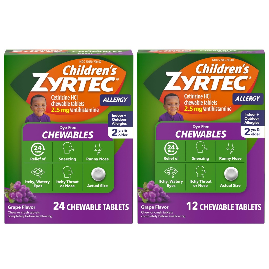 Children's Zyrtec Dye-Free Chewables, Cetirizine HCl, Grape, 24 + 12 Ct | 2.5 mg Cetirizine HCl Tablets, Kids' Chewable Allergy Medicine, Dye-Free, Ages 2+