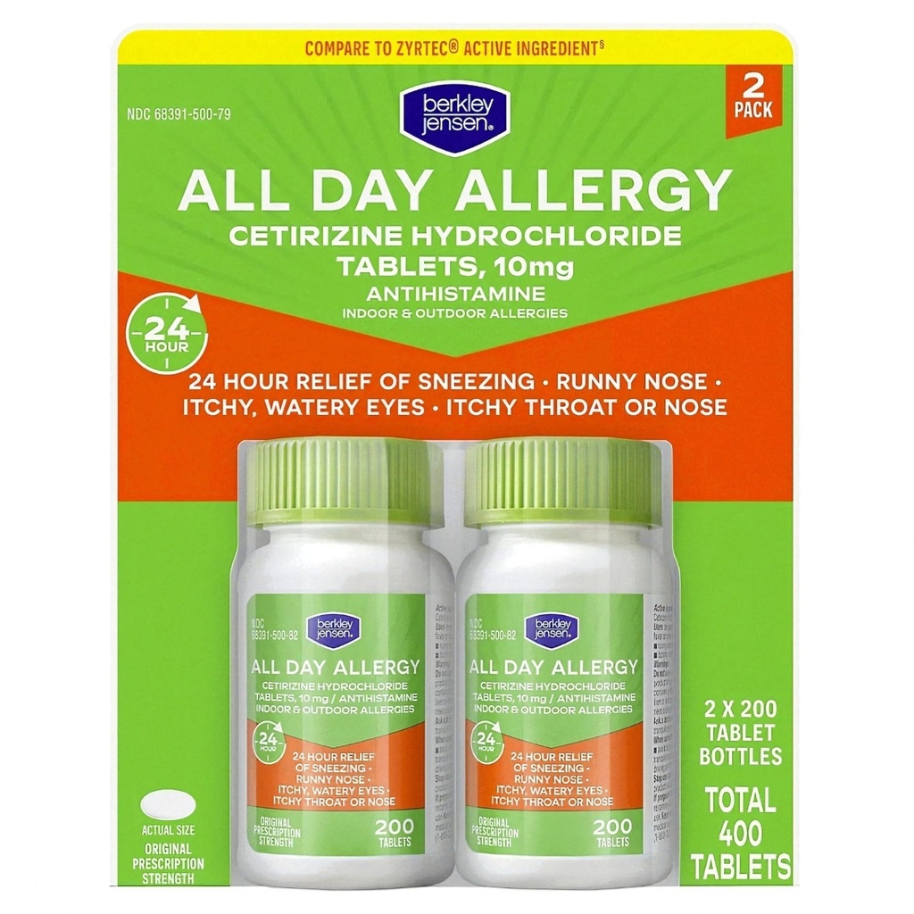 berkley jensen 24 Hour Allergy Relief, 10 mg Cetirizine Hydrochloride Antihistamine - Fast Allergy Medicine for Indoor & Outdoor Allergies, Made in USA, 200 Tablets (Pack of 2)