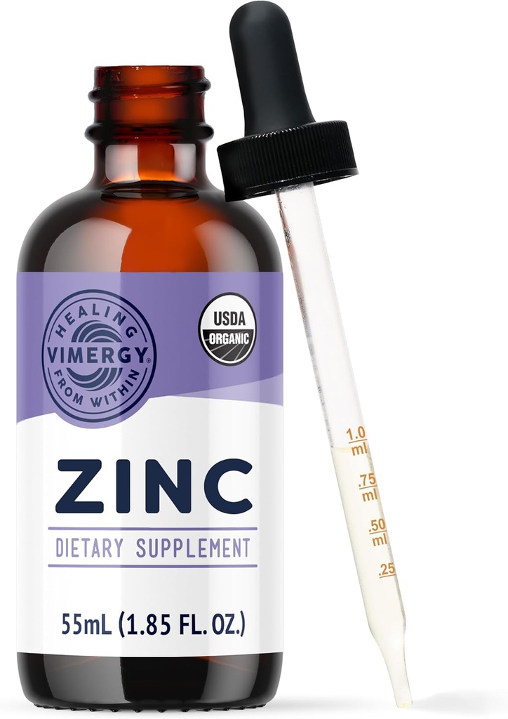 Vimergy Suplimente de zinc organic pentru femei și bărbați (7,5 mg Zinc lichid per servire) Suport imunitar rapid-absorbant, promovează oase sănătoase și piele, USDA Certified Organic, Vegan, până la 27 Serviri (55 ml)