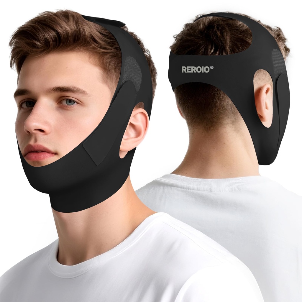 Chin Strap for Sleeping with 4-Side Adjustment, Anti Snoring Chin Strap Elasticity, Anti Snoring Devices Breathable and Durable, Comfortable Snore Stopper for Adults Black, M