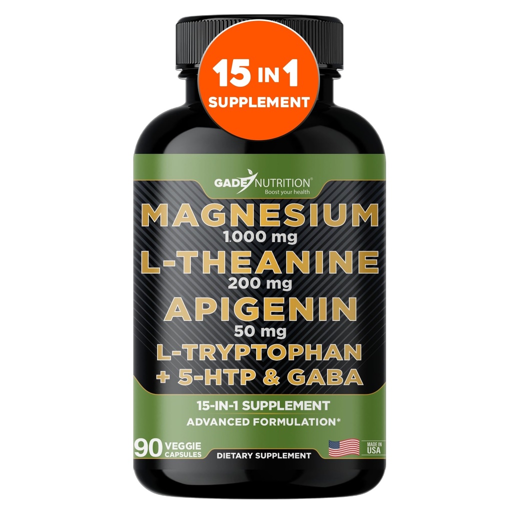 Gade Nutrition Magnesium Glycinate Complex L Theanine 200 mg Sleep Aid Apigenin, GABA, 5 HTP | Brain Supplements for Memory and Focus Ashwagandha Chamomile | Made in USA | 90 Capsules