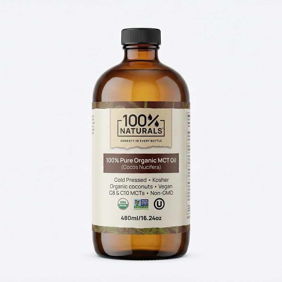 100% Naturals, Pure Organic Coconut MCT Oil (16oz) - Premium Cold-Pressed, Unrefined And Hexane-Free MCT Oil, USDA Organic And Kosher Certified, Comes In A Premium Glass Bottle With A Mess-Free Pump
