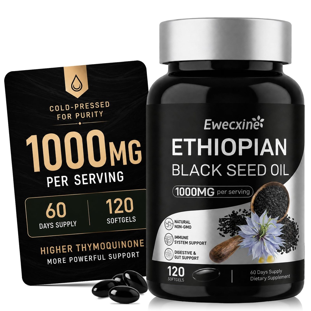 Ethiopian Black Seed Oil Softgels Cold Pressed 1000mg per Serving, Immune & Digestive Support Supplement, Natural Non-GMO Formula, 120 Softgels, 60 Day Supply
