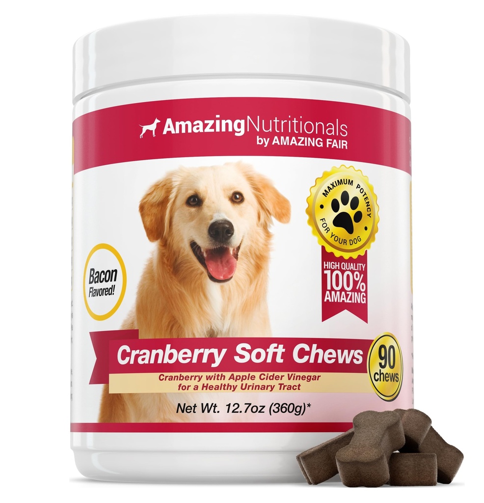 Amazing Cranberry for Dogs Pet Antioxidant, Urinary Tract Support Prevents and Eliminates UTI in Dogs, 90 Bacon Soft Chews