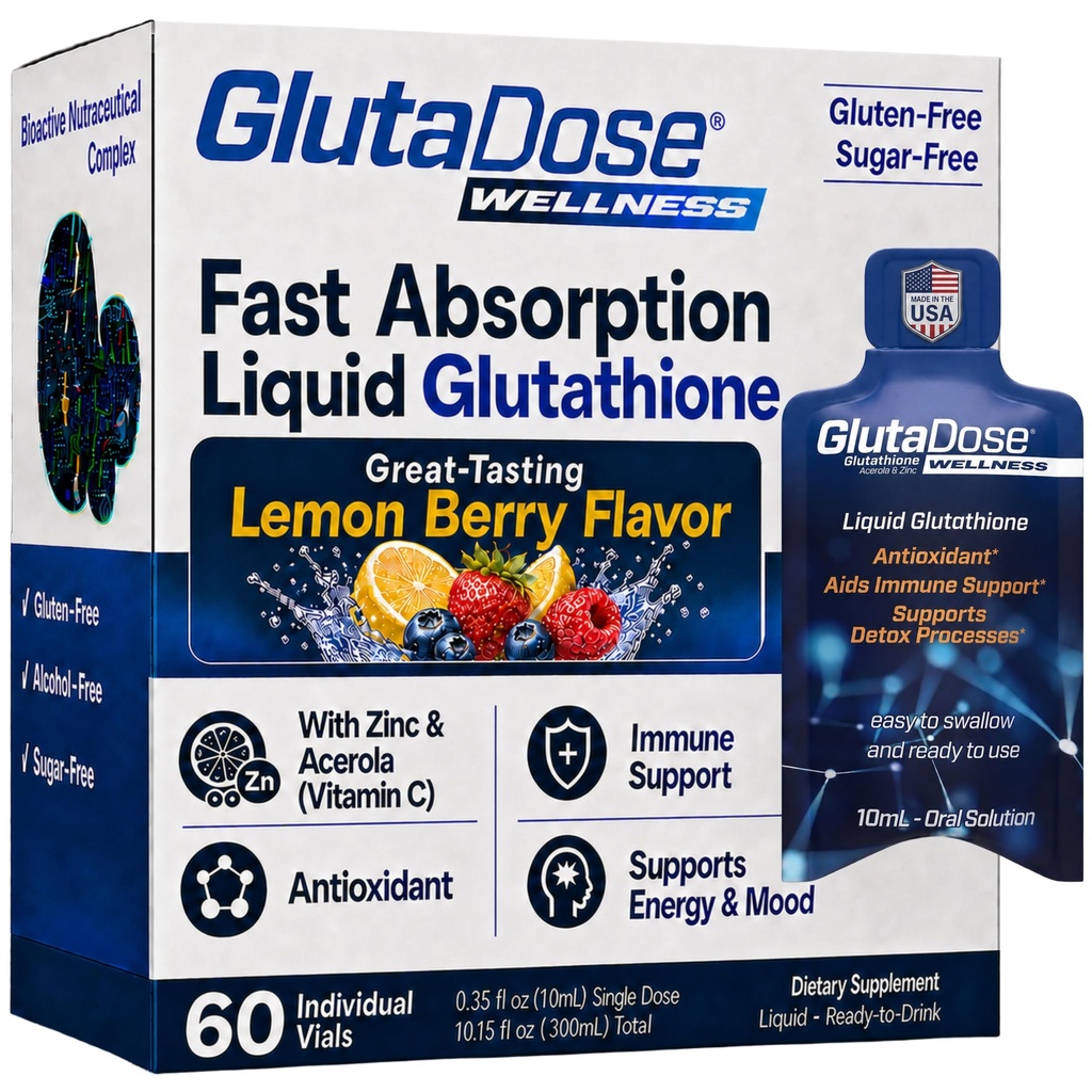 Liquid Glutathione Supplement, Lemon Berry Flavored Acerola Energy Booster w/Zinc, Daily Vitamins & Minerals, Zero Sugar Formulation, Everyday Auto-Immune Support for Adults, 0.34 fl oz, Pack of 60