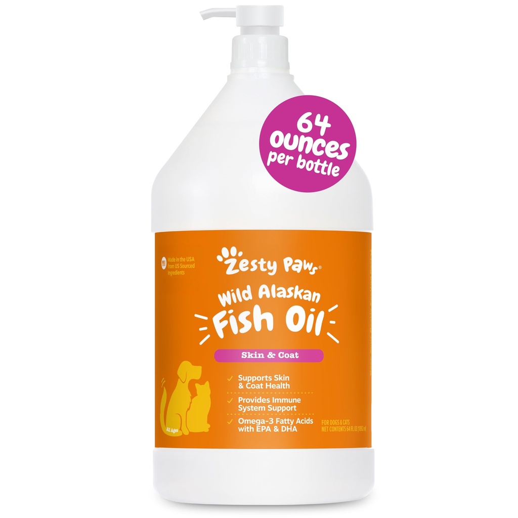 Zesty Paws Wild Alaskan Fish Oil for Dogs & Cats - Pollock & Salmon Oil Blend - Omega 3 Fatty Acids EPA & DHA for Pets - for Sensitive Skin + Coat Health - Immune System Support - 64 fl oz