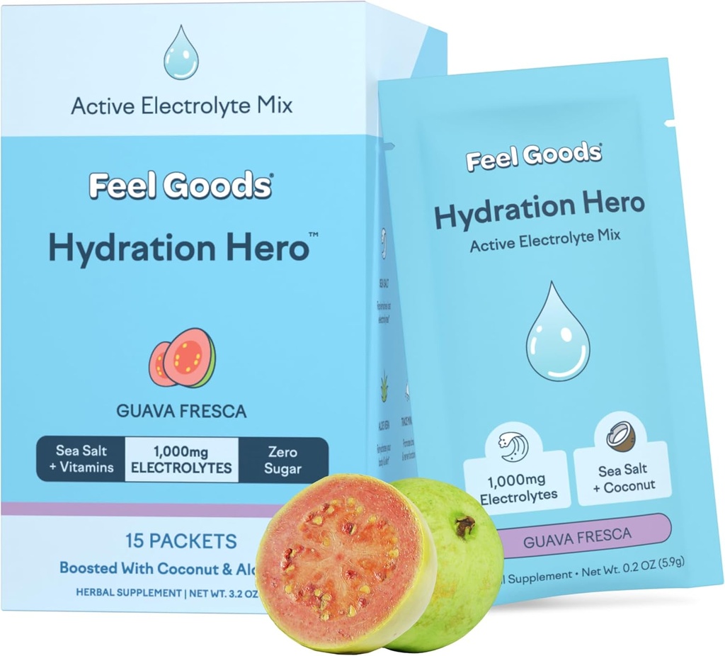 Feel Goods Hydration Hero, 1,000mg Electrolytes Powder, Sugar Free, Magnez, Organic Coconut Water, L Theanine, Witamina C & B12, Non GMO, Keto, Wegan, Pakiety elektrolitów