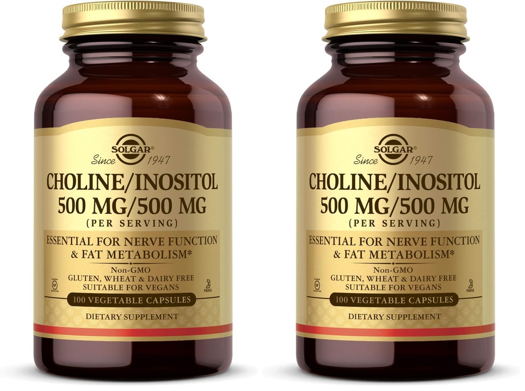 Solgar Choline/Inositol 500 mg/500 mg,100 Vegetable Capsules-Energy Metabolism,Liver Health,Essential for Brain&Nerve Function-Non-GMO,Vegan,Gluten Free,Dairy Free,Kosher-50 Servings,(Pack of 2)