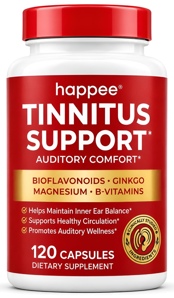 Happee Tinnitus Supplement for Ringing Ears, Bioflavonoids & Ginkgo, 120ct | Daily Support for Inner Ear Health & Microcirculation, Flavonoids Plus Essential Nutrients, NO Dyes, Clean Label