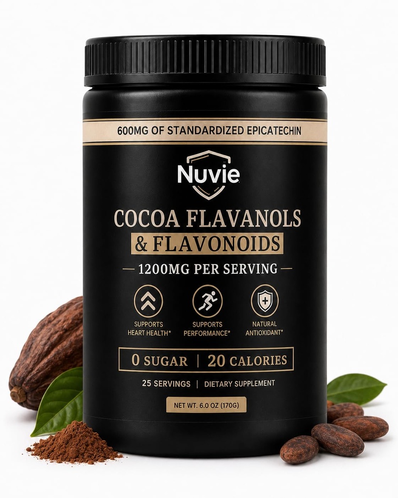 Nuvie Cocoa Flavanols & Flavonoids Powder, 1200mg Per Serving with 600mg Standardized Epicatechin, Cocoa Extract Supplement, Antioxidant & Daily Wellness Support, 0 Sugar, 25 Servings