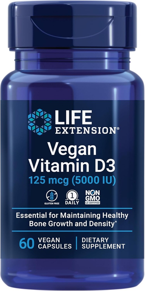Extensió de la vida Vegana vitamina D3, 125 mcg (500 IU), celcalciferol d'Algae, alta qualitat Imune, Bone & Polylodle, Guten-Free, No-GMO, 1 Daily, Vegan, 60 Vegan Capules
