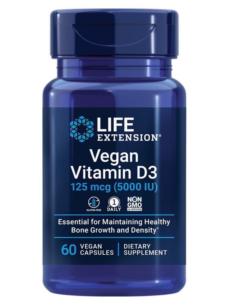 Life Extension Vegan Vitamin D3, 125 mcg (5000 IU), cholecalciferol from Algae, high-Potency Immune, Bone & Whole-Body Health, Gluten-Free, Non-GMO, 1 Daily, Vegan, 60 Vegan Capsules