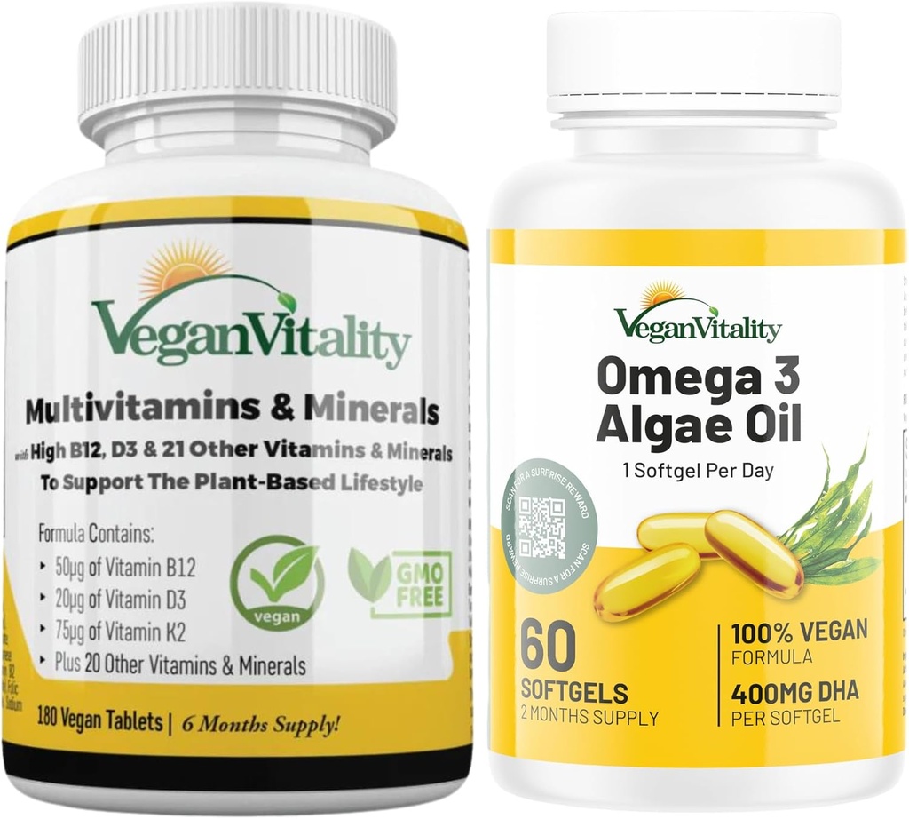 Vegan Vitality Immunity Booster Bundle 6 Months - Vegan Multivitamins and Vegan Omega 3 Algae Oil. High Strength Plant Based Formula for Immunity, Energy Overall Health for Vegans and Vegetarians