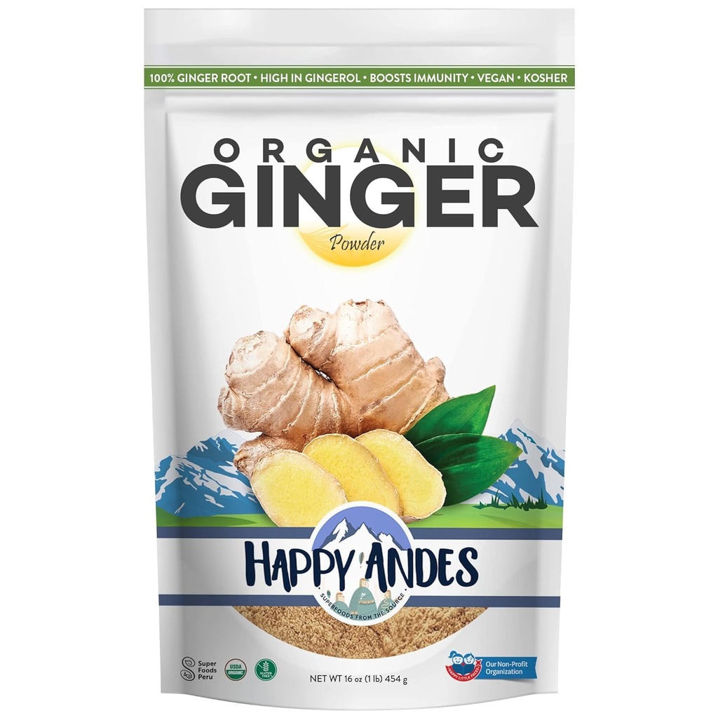 Happy Andes USDA Organic Ginger Powder 1 lb (16 oz), Pure Ground Dried Ginger Root, Non-GMO, Highly Aromatic, Bulk Spice for Cooking, Baking, Tea & Smoothies, Product of Peru