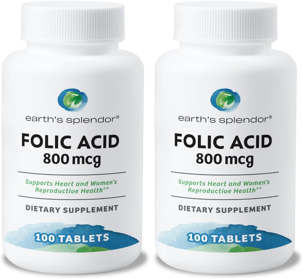 The Earth's Spendor Folic Fitle Facter 800 McG Supplement, รองรับสุขภาพหัวใจ, สนับสนุนสุขภาพของสตรี, อาหารเสริมสุขภาพ, โต๊ะแป้งนุ่มนุ่ม (800 Mcg, 200 แผ่น, แพ็คของ 2)