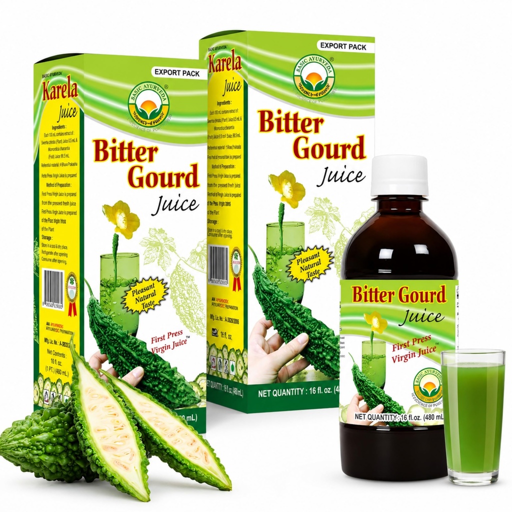 Basic Ayurveda Bitter Gourd (Karela) Juice (Pack of 2) | 16.23 Fl Oz (480ml) | Natural Bitter Melon Juice | Plant Based Ayurvedic Herbal Drink | for Liver Health, Digestion & Immunity