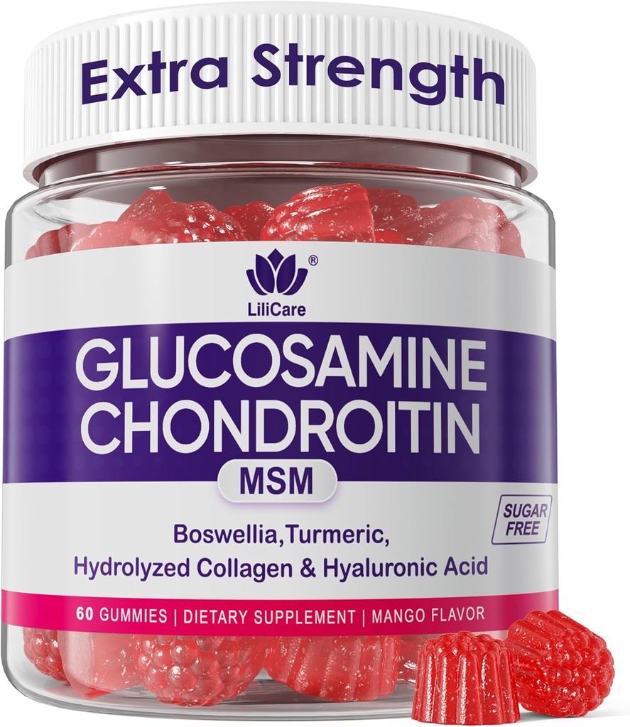 Glucosamina Condroitina Gummies, Açúcar Free Glucosamina Condroitina HSH Suplemento, Força extra com Boswellia Turmeric, Colágeno hidrolisado & Ácido Hialurônico, Saúde óssea para homens e mulheres, 60 Cts