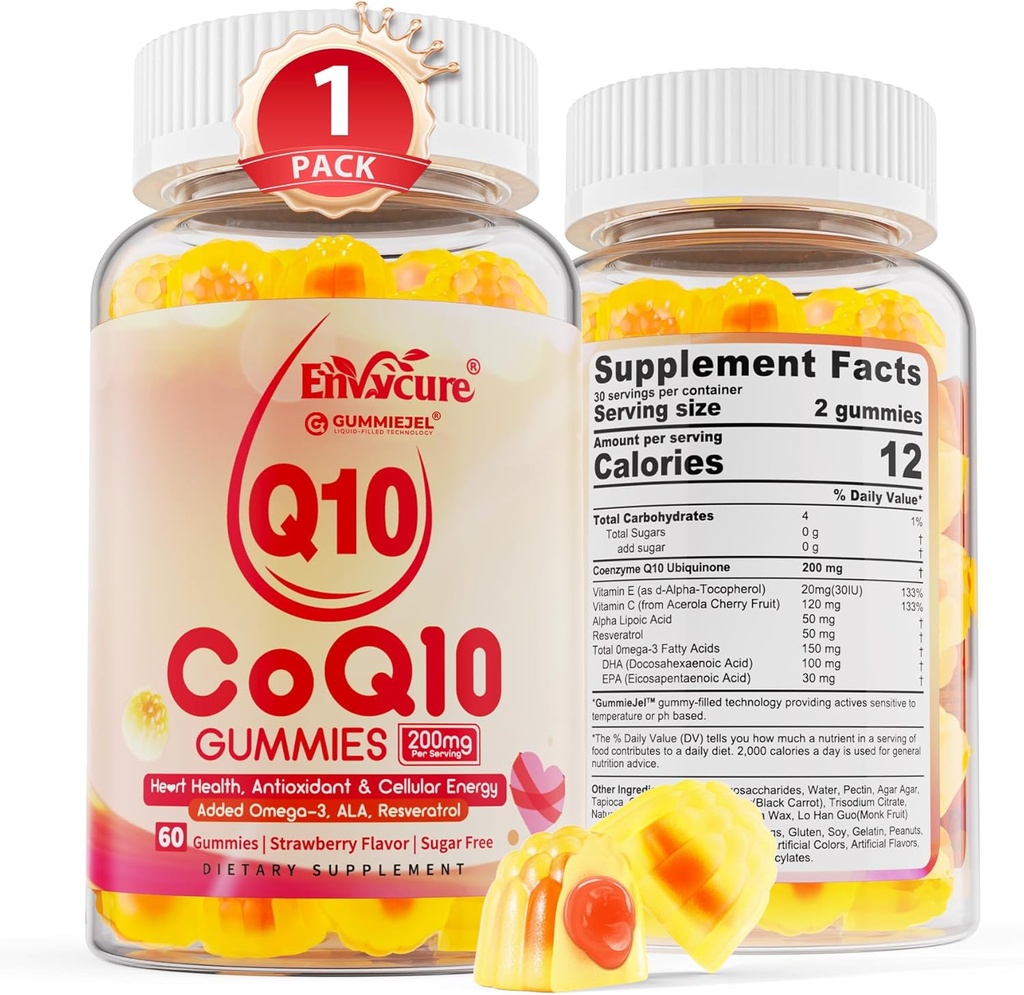 Sugar Free CoQ10 200mg Betetako Gummies, 5X Hobe Absorption CoQ10 w/Resveratrol, Alpha Lipoic Acid, Omega-3, E bitamina, C, Coenzyme Q10 Cellular Energy, Heart, Brain eta Antioxidant (1Pack)