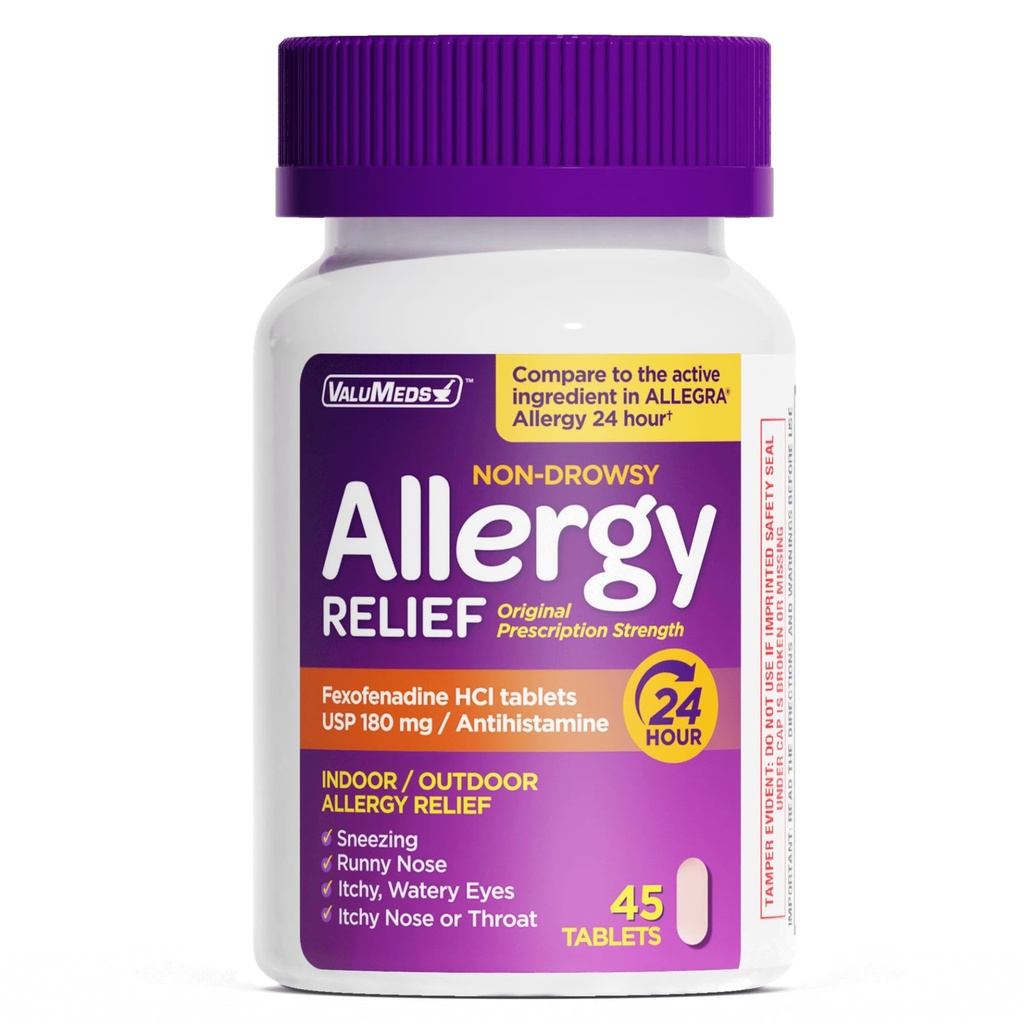 ValuMeds 24-Hour Allergy Relief Fexofenadine Hydrochloride 180mg | Non-Drowsy Antihistamine Generic Medicine for Allergies, Hay Fever, Itchy Eyes for Kids, Adults | Compare to Allegra (45-Count)