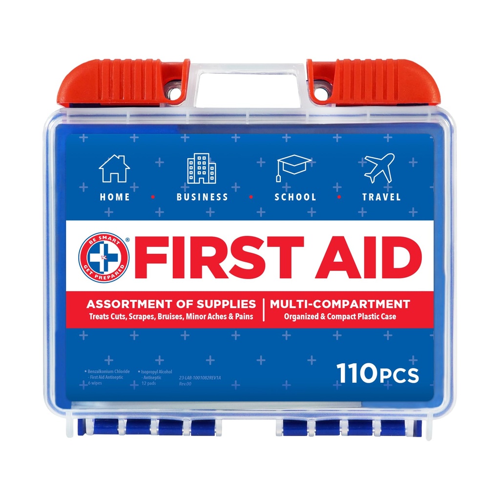 Be Smart Get Prepared 110 pc First Aid Kit: Clean, Treat, Protect Minor Cuts, Home, Office, Car, School, Business, Travel, Emergency, Outdoor, Camping & Sports, FSA/HSA (Packaging may vary)