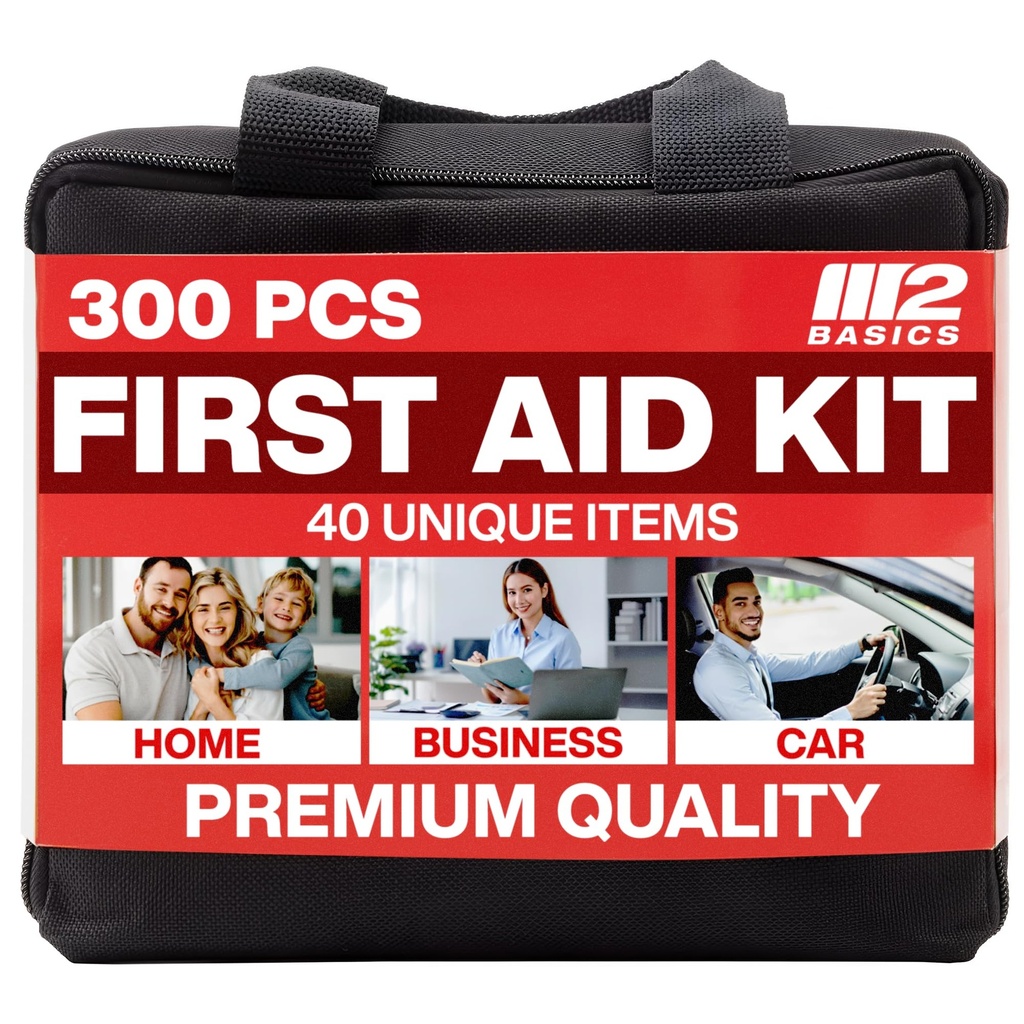 M2 BASICS 300 Piece Premium First Aid Kit w/Durable Bag for Home, Business | Office, Workplace, Car, Garage, Kitchen, Family, Classroom, Jobsite, Warehouse, School, Vehicle And Emergency Preparedness