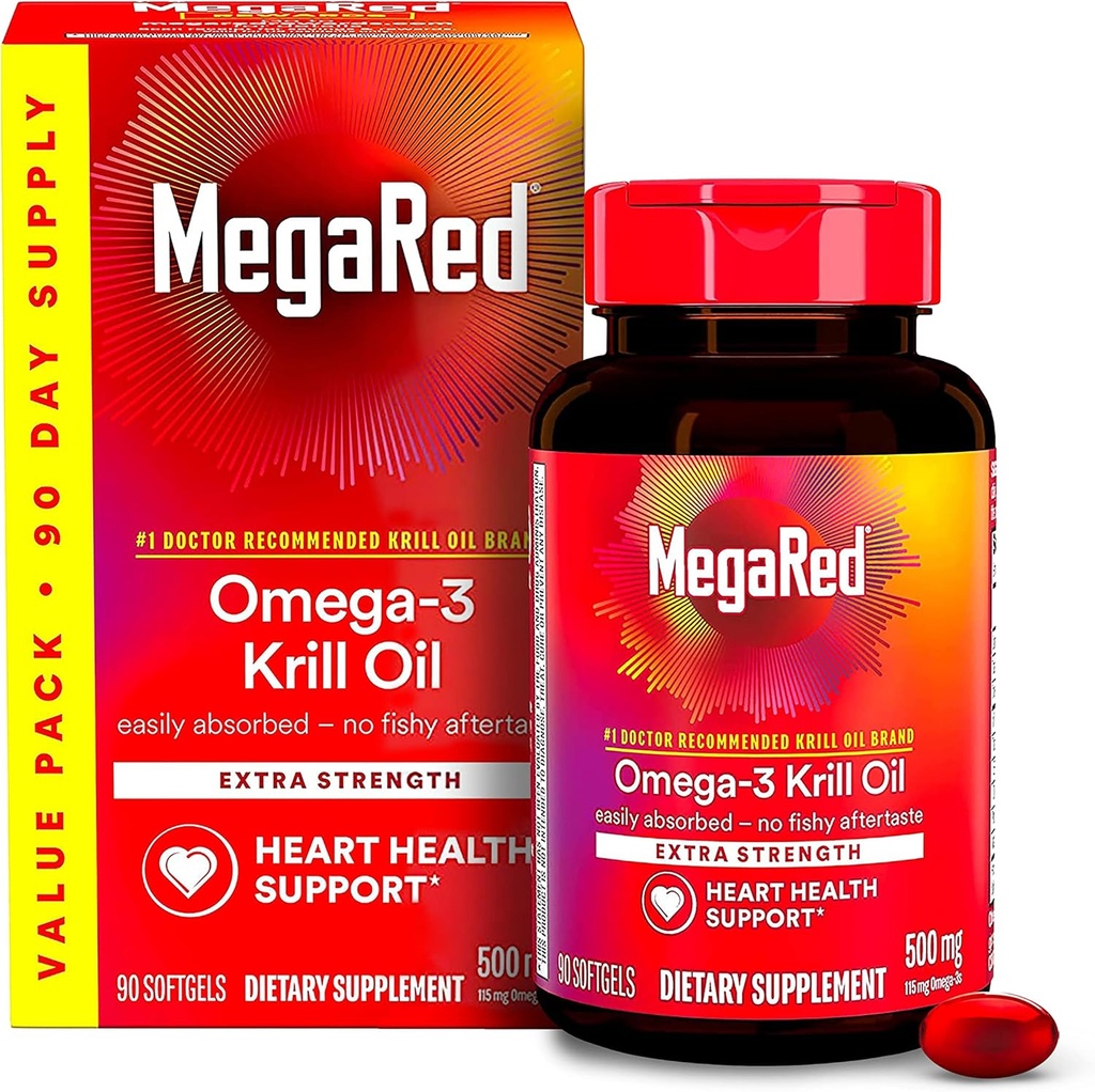 MegaRed Antarctic Krill Oil 500mg Omega 3 Fatty Acid supplement, Extra Strength EPA " DHA Krill Oil Softgels (90cnt Box), Astaxanthin, Heart Health supplement with no Fish Oil Aftertaste