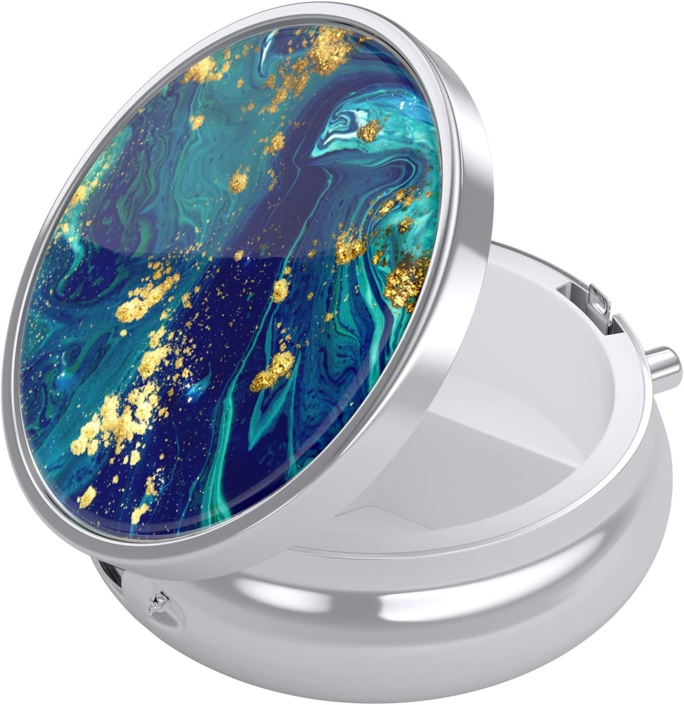 Nipichsha Pill Box, Small Pill Case for Purse & Pocket, Cute Travel Medicine Organizer, Portable Medicine Container Holder to Hold Vitamins, Medication, Fish Oil & Supplements, Teal Gold Marble