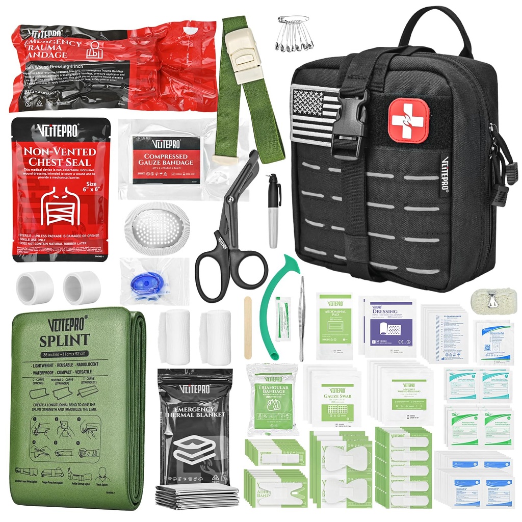 Advanced Trauma First Aid Kit - Emergency Camping Gear with Tourniquet Kit, Compression Bandage, 36" Splint | Portable Survival Gear for Outdoor, Home, Camping- Gift for Husband Dad and Wife-Black