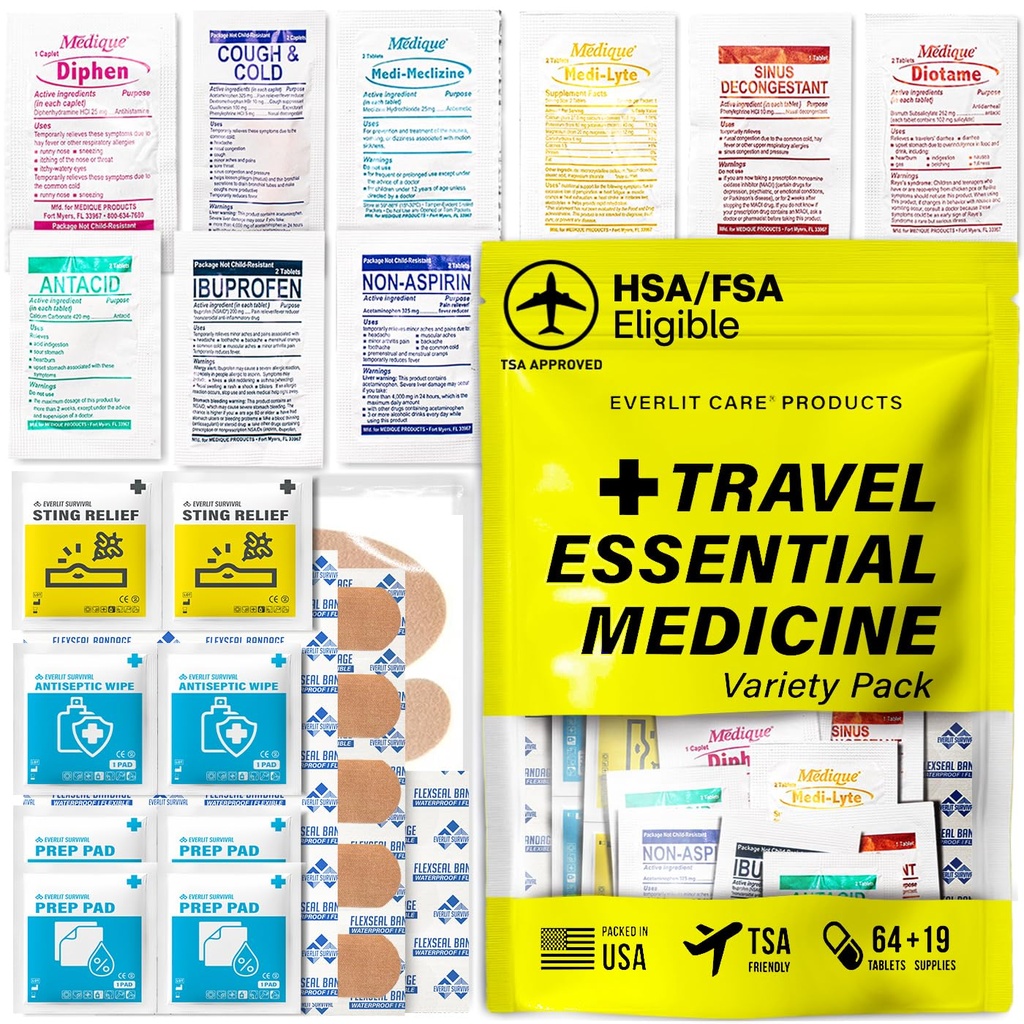EVERLIT CARE Travel Essential Medicine First Aid Kit I Bonus Medical Supplies I TSA Compliant Mini Size Medkit for Traveling Camping Trips Individually Packed 64 Tablets (Refill Pack)