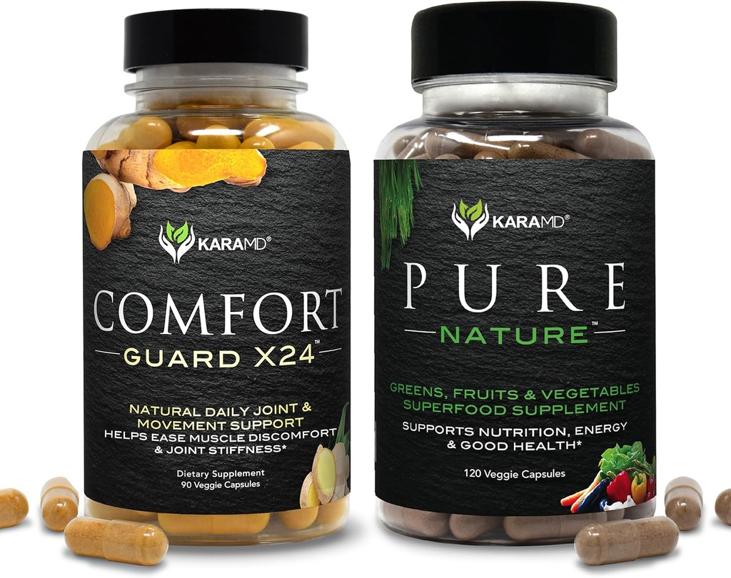 KaraMD Pure Nature & Comfort Guard Bundle | Whole Food Greens, Fruits & Vegetables Supplement + Movement Support | Non-GMO, Vegan, Gluten-Free (30 porcións cada un)