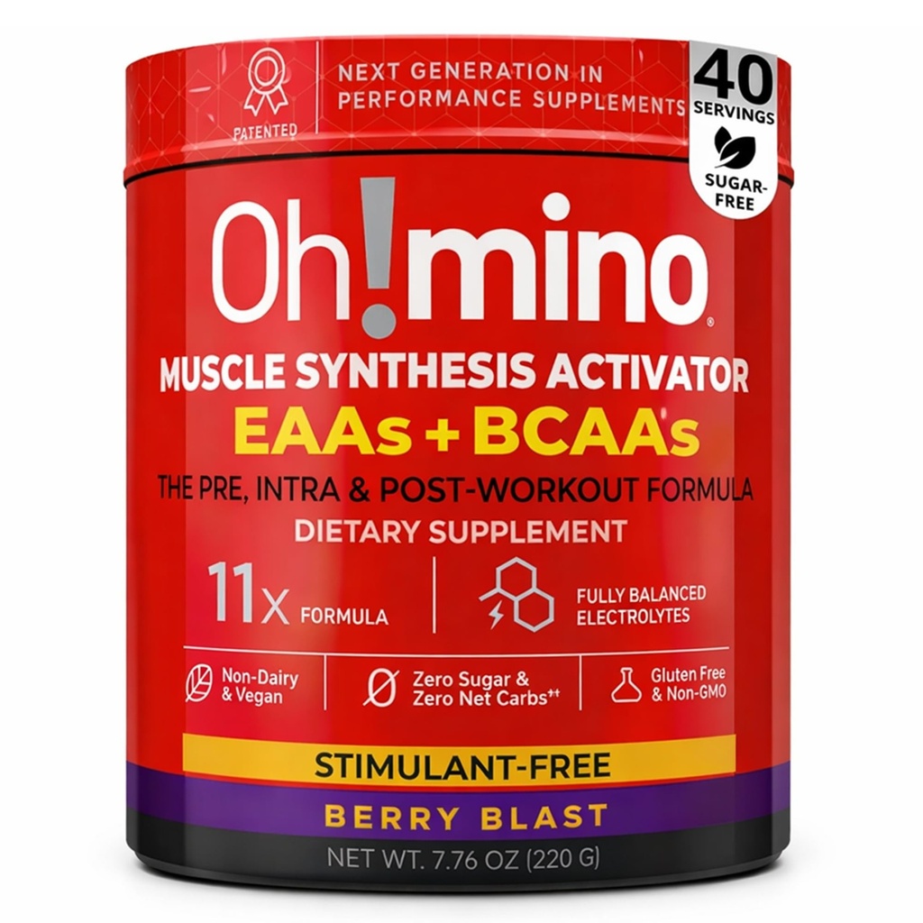 Oh!mino Essential Amino Acids Supplement, Berry Blast, Stimulant-Free Powder, All 9 EAAs, BCAAs and The Perfect Amino for Workouts, Amino Energy, and to Build Muscle, and Recover Faster