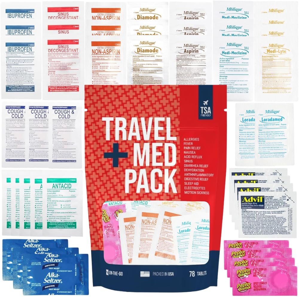 Travel Medicine Kit - 78-Piece TSA-Approved Urgent Care Kit Medication Pack for Flights, Cruises & International Travel | Individually Wrapped OTC Medication Essentials